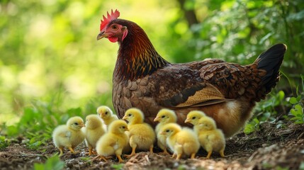 Fototapeta premium A mother hen surrounded by her fluffy yellow chicks, pecking the ground in a green farmyard, with the hen protectively watching over her young.