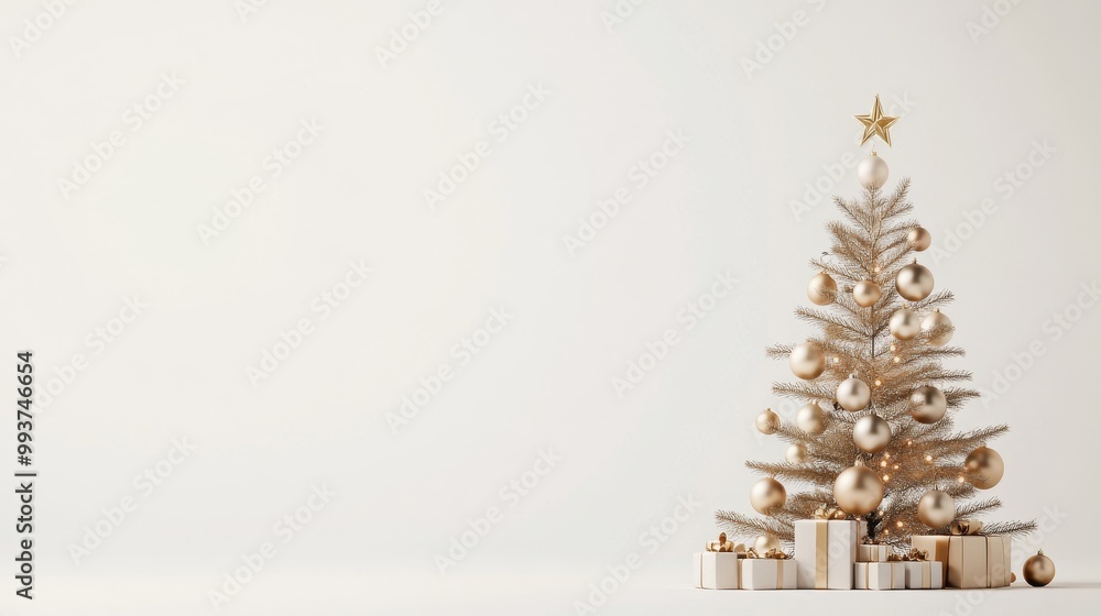 Poster modern minimalistic christmas tree with elegant ornaments on solid background for younger audience. 