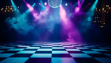 Bright neon lights illuminating a checkered disco floor, colorful beams from a disco ball, energetic party with retro vibes