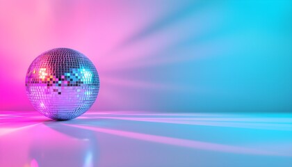 Brightly lit disco floor with neon pink and blue lights, glowing beams and a shimmering disco ball, energetic retro party scene