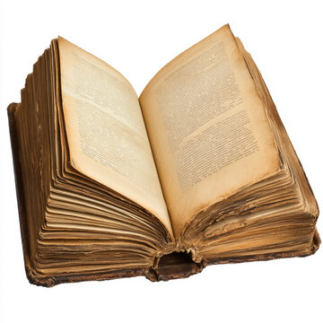 Ancient Book made of Leather, Open, Historical Brown Papers Isolated over a White background on a random blank page
