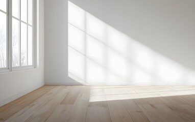 Carpenter installing wood flooring in a room under renovation, natural light from a window, modern tools and workspace