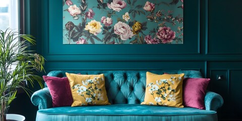 Interior design of classic living room with blue sofa and colorful pillows