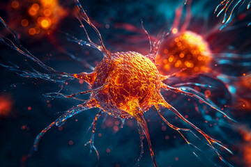 Cancer cell. Oncology, research, structure. mutation, somatic cell of the body. genetic predisposition. Neoplasms, cancerous disease, malignant tumor. Molecule, macro, microscope. 