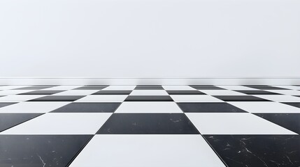 Classic black-and-white checkered tile floor, glossy and reflective surface, stretching into the distance, elegant and geometric