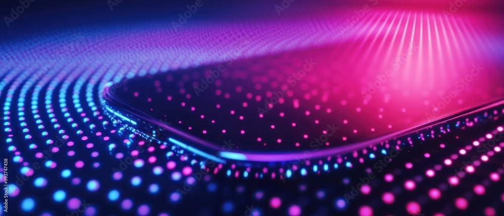 Poster a close-up of a smartphone on a vibrant, illuminated surface with colorful light patterns.