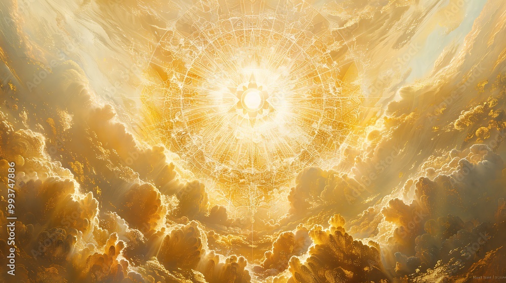 Poster a golden sunburst bursts through fluffy white clouds, creating a circular pattern in the sky.