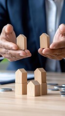 Businessman arranging wooden blocks to represent houses, focus on strategy and planning.