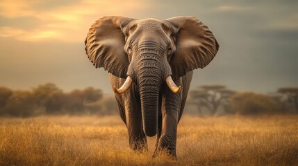 Fototapeta premium An elephant with one damaged ivory tusk The African bush elephant