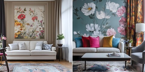Modern living room with floral wallpaper on the wall