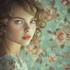 Vintage style portrait of a girl with floral background and soft lighting