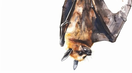 Nyctalus noctula bat hanging down Digital illustration, white background, watercolor style