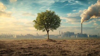 Obraz premium Resilience of Nature: A Tree's Stand Against Urban Pollution. AI generated illustration