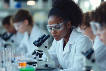 A diverse team of young scientists working in a lab, conducting research and experimenting with black ink on microchips using a microscope in the laboratory at night.