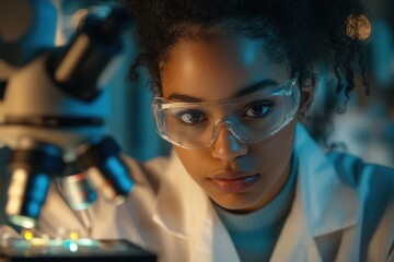 A diverse team of young scientists working in a lab, conducting research and experimenting with black ink on microchips using a microscope in the laboratory at night.