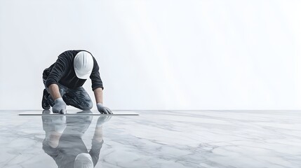 Obraz premium Detailed view of a craftsman laying down marble tiles, reflective and smooth surface, modern interior under construction
