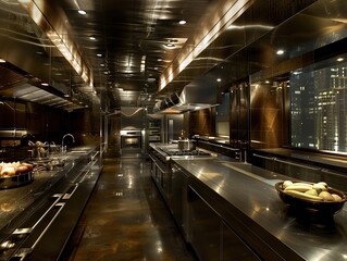 Stylish Modern Kitchen with Stainless Steel Appliances, Marble Countertop, and a Bowl of Fresh Fruit on the Island