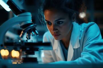 A diverse team of young scientists working in a lab, conducting research and experimenting with black ink on microchips using a microscope in the laboratory at night.