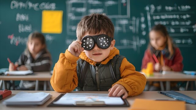 A young blind student attentively learning in an inclusive classroom setting using braille textbooks and other assistive materials to gain knowledge and educational opportunities