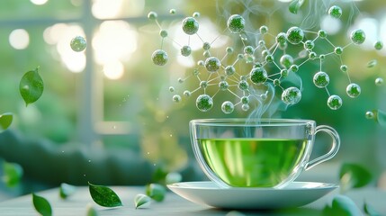 A steaming cup of green tea surrounded by fresh leaves and molecular structures, symbolizing health and vitality in a natural setting. Perfect for wellness themes.