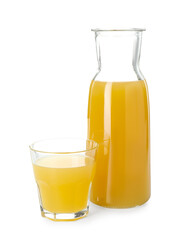 Glass and jug with tasty pineapple juice isolated on white