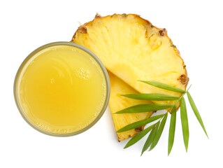 Tasty pineapple juice in glass, leaf and slices of fresh fruit isolated on white, top view