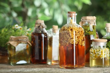 Different natural tinctures on wooden table outdoors, closeup