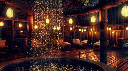 Obraz premium Elegant Modern Bathroom: Rain Shower Head, Stylish Tiles, and Floating Sink with Soft Lighting and Warm Color Scheme