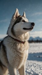 A majestic husky in a snowy landscape under a clear blue sky.