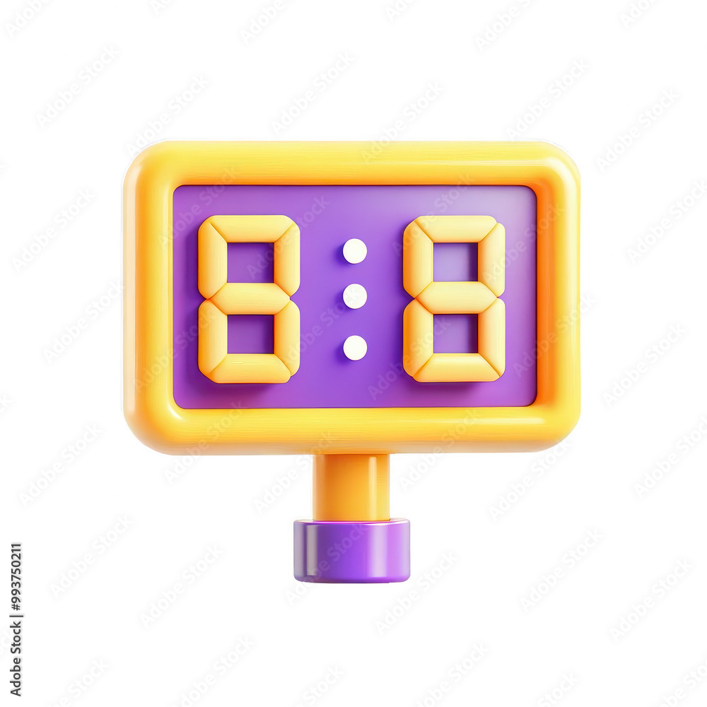 Poster a colorful 3d digital clock with the time displayed as 8:8, featuring a purple background and yellow