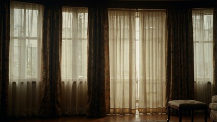 A man standing before a curtained door.