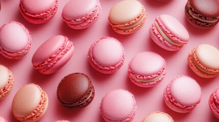 Obraz premium A flat lay of assorted pastel macarons on a pink background.