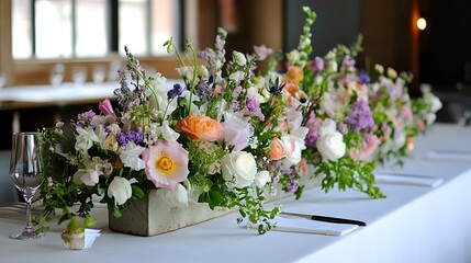 A long, rectangular centerpiece of various flowers, in shades of pink, purple, white, and orange, is arranged in a metal container on a long, white table.