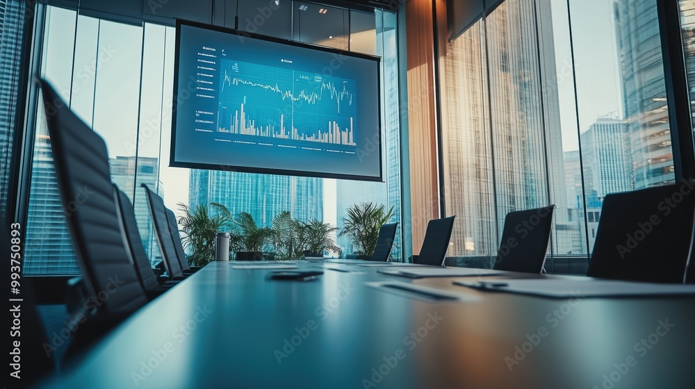 Poster empty conference room displaying financial data on a digital screen