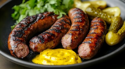 Fototapeta premium A vibrant platter featuring grilled sausages with a crispy, golden-brown exterior, served alongside tangy mustard and pickles, creating a classic pub food scene with rich textures and colors. 