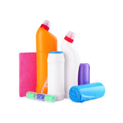 Different toilet cleaners, rag and trash bags isolated on white