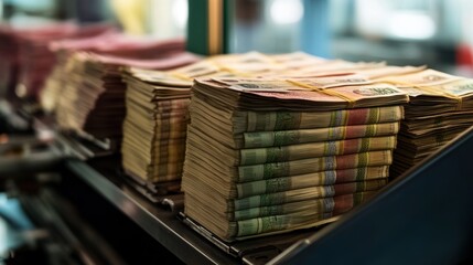 Stacks of banknotes being processed by a bank employee in a bank