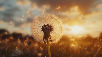 Naklejka premium A dandelion at sunset, releasing seeds into the air, capturing nature's beauty and transience.