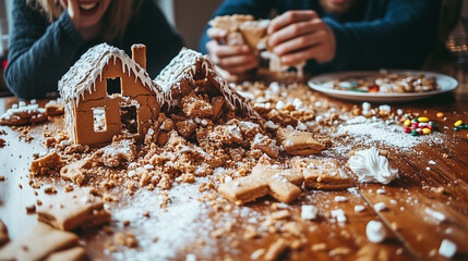 Broken Gingerbread House with Friends Laughing During Holiday Fun

