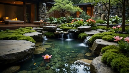 A private spa garden featuring a natural hot spring, mossy rocks, and flower petals.