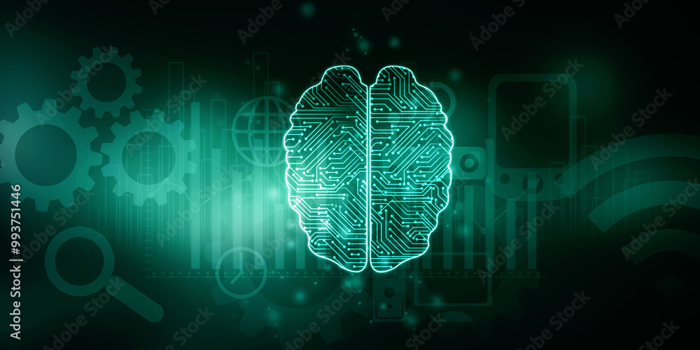 Poster 2d illustration concept of thinking, background with brain, abstract artificial intelligence. techno