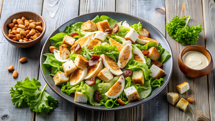 Caesar Salad with Chicken and Text Space. Perfect for: Healthy eating, Summer menus, Restaurant promotions