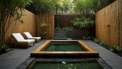 A private spa garden with a plunge pool, bamboo screens, and a tea ceremony.
