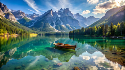Obraz premium Scenic Mountain Lake with Peaks and Boat. Perfect for: Nature retreats, Adventure holidays, Eco-tourism