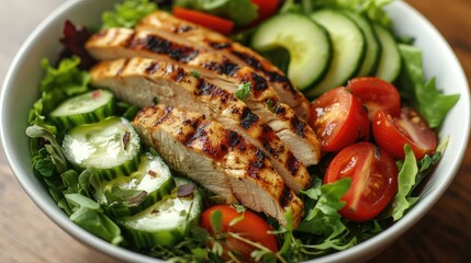 A healthy chicken salad bowl with grilled chicken slices, fresh mixed greens, avocado, cherry tomatoes, cucumbers, and a drizzle of olive oil. -