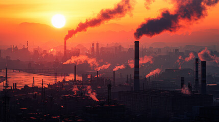 sprawling industrial city skyline at sunset, with smoke billowing from chimneys and vibrant orange sky. scene captures contrast between nature and industry, evoking sense of both beauty and