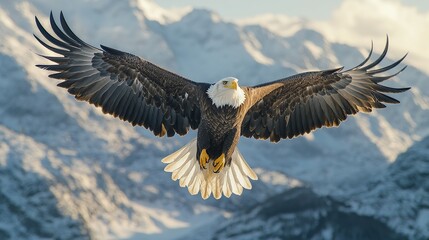 A majestic eagle soaring over rugged snow capped mountains wallpaper