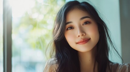 Obraz premium A woman with long black hair and a big smile