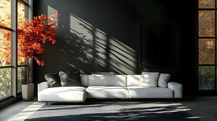 Modern Living Room with White Sofa and Black Walls - 3D Illustration