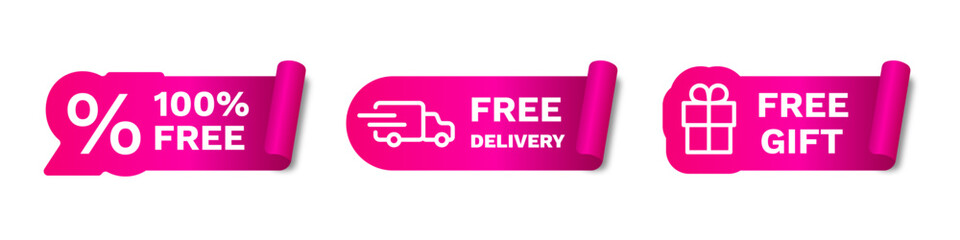 Free delivery pink sticker for business with smooth gradient. Pink free gift label.